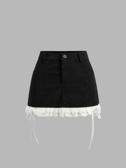 Cider - Corduroy Low Rise Solid Broderie Anglaise Hem Knotted Mini Skirt