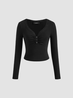 Cider - Cotton-blend V-neck Solid Lace Trim Button Ruched Long Sleeve Top