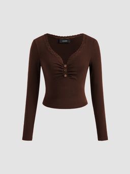 Cider - Cotton-blend V-neck Solid Lace Trim Button Ruched Long Sleeve Top