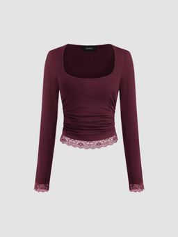 Cider - Square Neck Solid Lace Trim Ruched Long Sleeve Tee