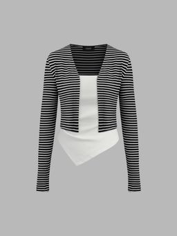 Cider - V-neck Striped Long Sleeve Top & Solid Ruched Tube Top set
