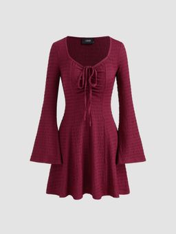 Cider - V-neck Solid Knotted Long Sleeve Mini Dress