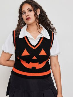 Cider - Knit V-neck Evil Graphic Contrasting Binding Vest Curve & Plus