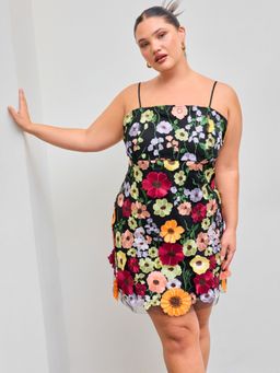 Cider - Jacquard Square Neck Colorful Floral Embroidery Mini Dress Curve & Plus