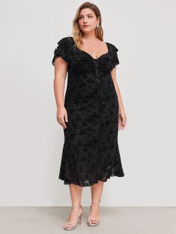 Cider - Mesh Sweetheart Neckline Floral Ruffle Knotted Maxi Dress Curve & Plus