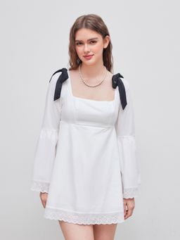 Cider - 100% Cotton Square Neck Solid Broderie Anglaise Hem Knotted Mini Dress