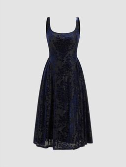 Cider - Velvet U-neckline Floral Pleated Midi Dress