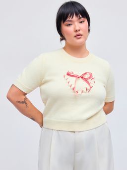 Cider - Knit Round Neckline Solid Heart Knotted Short Sleeve Top Curve & Plus