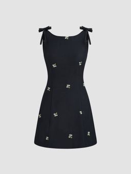 Cider - Boat Neck Floral Embroidery Bowknot Mini Dress