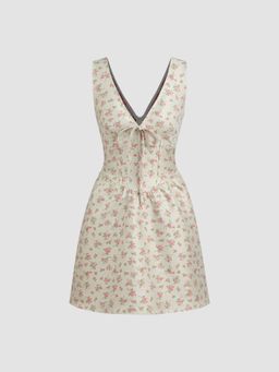 Cider - V-neck Floral Knotted Corset Pocket Mini Dress