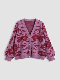 Cider - Wool-blend V-neck Solid Floral Button Cardigan Curve & Plus