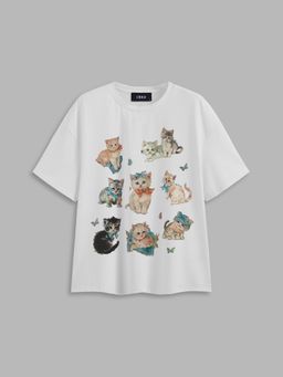 Cider - Round Neckline Bowknot Kitty Graphic Short Sleeve Tee