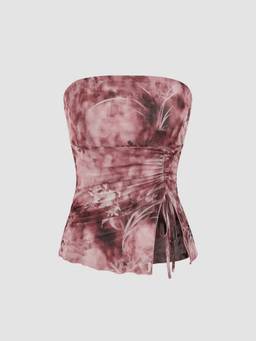 Cider - Mesh Floral Tie Dye Drawstring Tube Top
