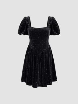 Cider - Velvet Scoop Neckline Rhinestone Puff Sleeve Midi Dress