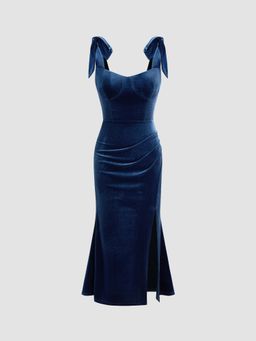 Cider - Velvet Sweetheart Neckline Split Ruched Knotted Maxi Dress