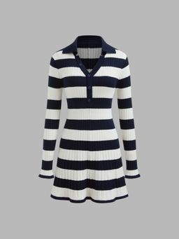 Cider - Knit Polo Striped Ruffle Mini Dress