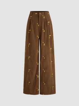 Cider - Corduroy Mid Rise Floral Embroidery Zipper Wide Leg Trousers
