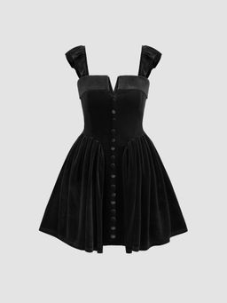 Cider - Velvet Square Neck Solid Ruffle Zipper Mini Dress