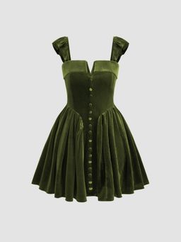 Cider - Velvet Square Neck Solid Ruffle Zipper Mini Dress