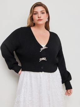 Cider - Knit V-neck Solid Bowknot Crop Cardigan Curve & Plus
