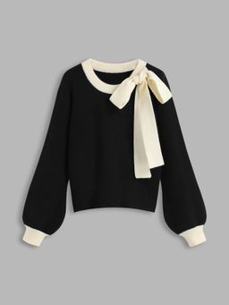 Cider - Knit Round Neckline Contrasting Binding Bowknot Long Sleeve Top