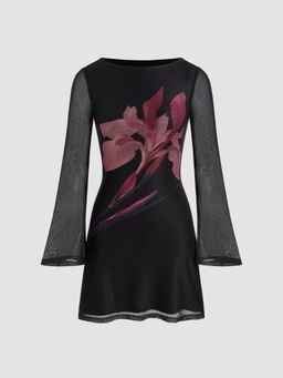 Cider - Mesh Boat Neck Floral Mini Dress