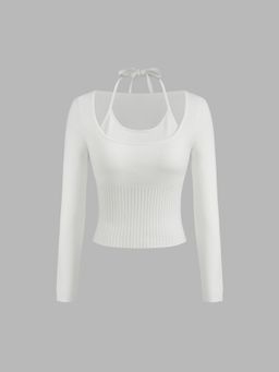 Cider - Knit Halter Neckline Solid Knotted Long Sleeve Top