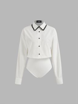 Cider - Polo Solid Contrasting Binding Long Sleeve Blouse Bodysuit