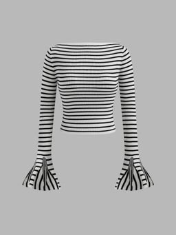 Cider - Knit Boat Neck Striped Bell Sleeve Top