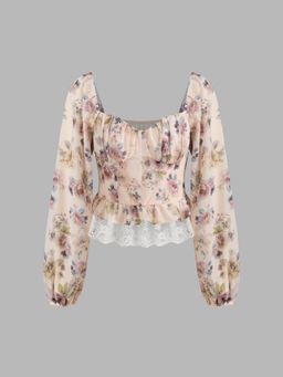 Cider - Chiffon Sweetheart Neckline Floral Lace Trim Long Sleeve Blouse