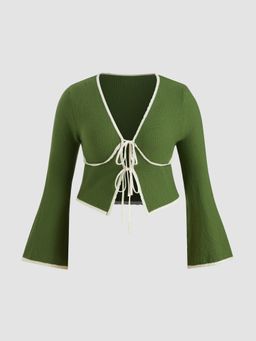 Cider - Knit V-neck Solid Contrasting Binding Knotted Bell Sleeve Cardigan Curve & Plus