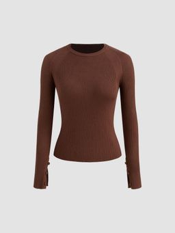 Cider - Knit Round Neckline Solid Long Sleeve Top