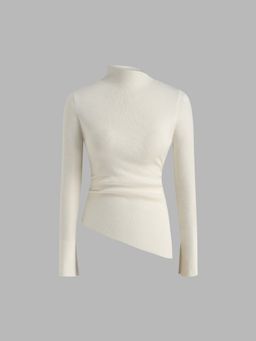 Cider - Knit Asymmetrical Neck Solid Long Sleeve Top