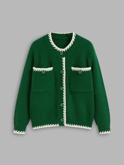 Cider - Knit Round Neckline Contrasting Binding Pocket Oversized Cardigan