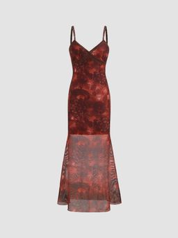 Cider - Mesh V-neck Floral Lace Lettuce Trim Ruffle Maxi Dress