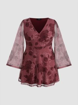 Cider - Mesh V-neck Floral Ruffle Mini Dress Curve & Plus