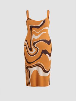 Cider - Knit Scoop Neckline Abstract Wave Striped Midi Dress Curve & Plus
