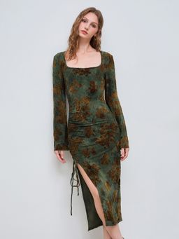 Cider - Scoop Neckline Floral Ruched Drawstring Midi Dress