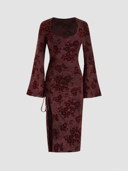 Cider - Scoop Neckline Floral Ruched Drawstring Midi Dress
