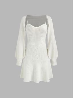 Cider - Knit Fabric V-neck Solid Dresses with Shrug