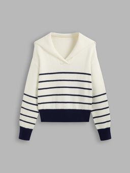 Cider - Knit Collar Striped Contrasting Binding Long Sleeve Top
