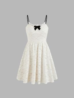 Cider - Lace U-neckline Floral Bowknot Mini Dress