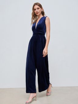 Cider - Velvet V-neck Solid Pocket Ruched Wide Leg Jumpsuit