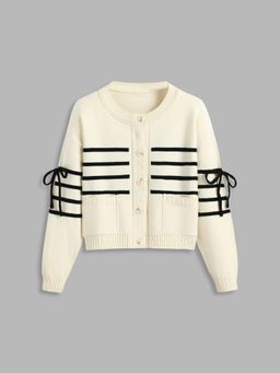 Cider - Knit Round Neckline Striped Pocket Bowknot Cardigan