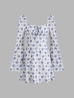 Cider - Mesh Square Neck Floral Knotted Long Sleeve Mini Dress