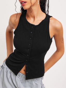 Cider - Round Neckline Solid Button Crop Tank Top