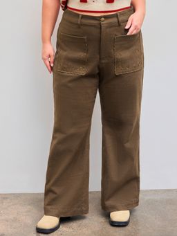 Cider - Cotton-blend Mid Rise Solid Pocket Flared Trousers Curve & Plus