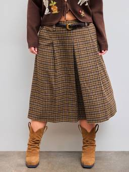 Cider - Mid Rise Check Pleated Maxi Skirt With Belt Curve & Plus