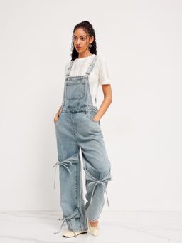 Cider - Denim Bowknot Buckle Up Pocket Wide Leg Jumpsuit
