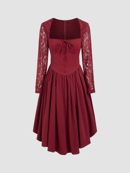 Cider - Square Neck Lace Knotted Ruffle Midi Dress